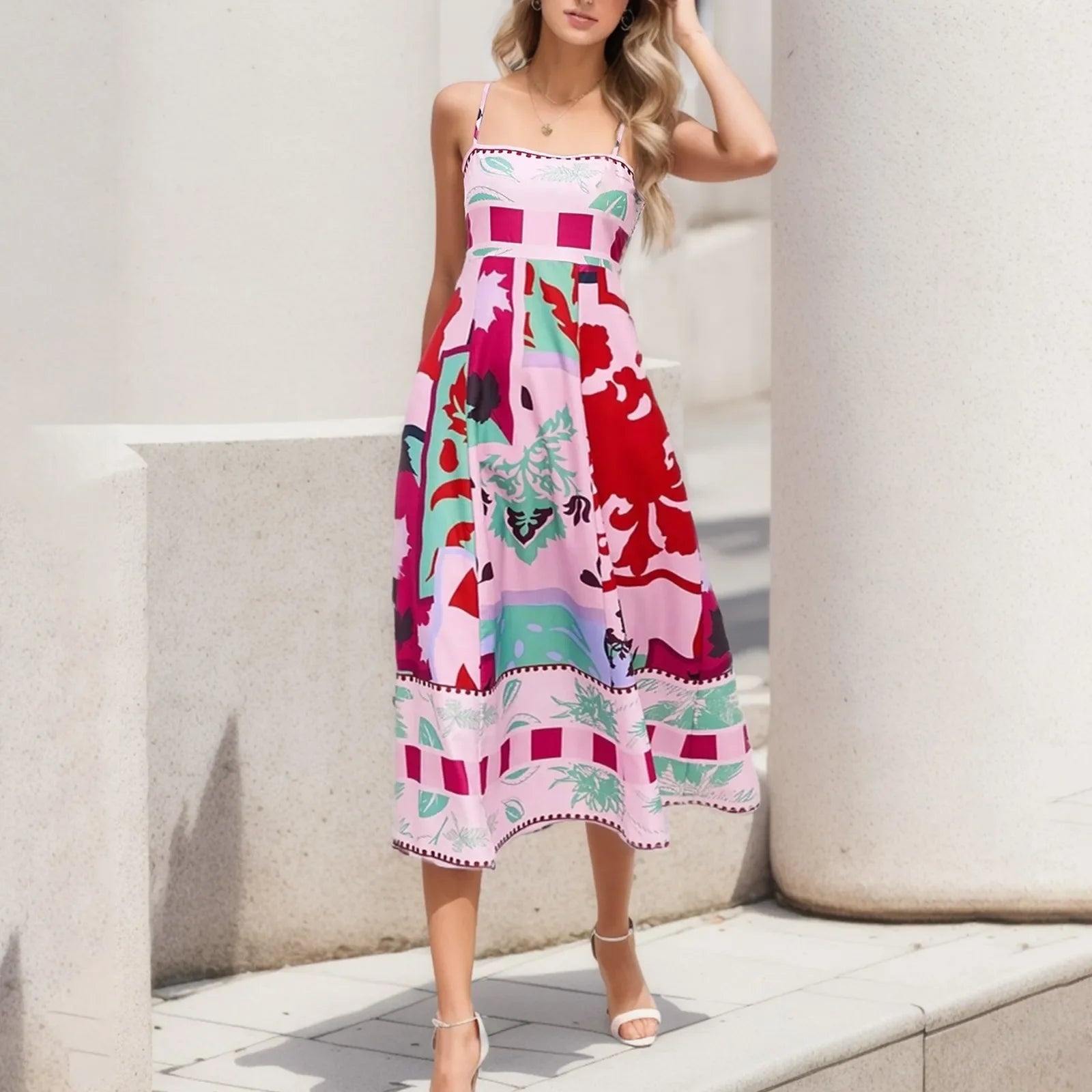 Boho Floral Printed High Waist A-Line Swing Midi Dress