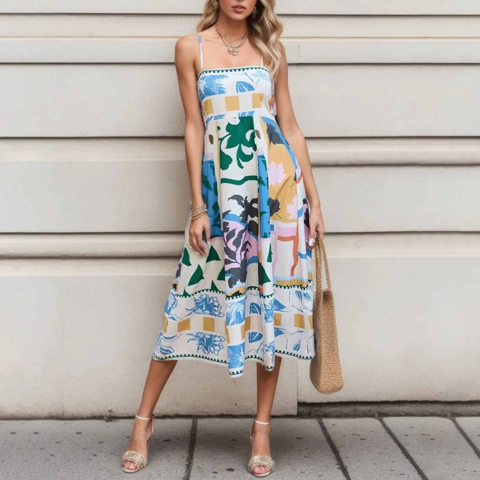 Boho Floral Printed High Waist A-Line Swing Midi Dress