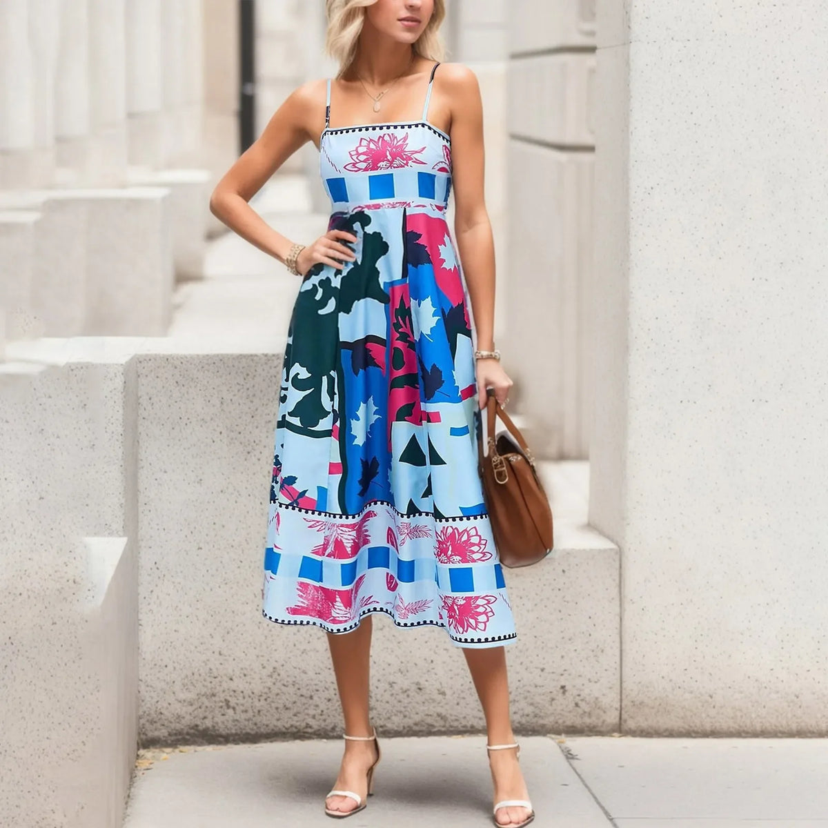 Boho Floral Printed High Waist A-Line Swing Midi Dress