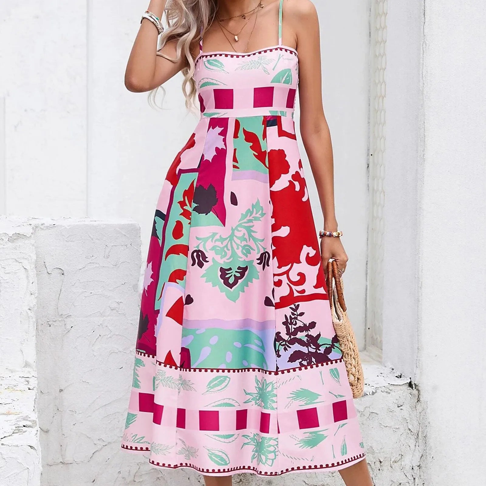 Boho Floral Printed High Waist A-Line Swing Midi Dress