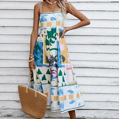 Boho Floral Printed High Waist A-Line Swing Midi Dress