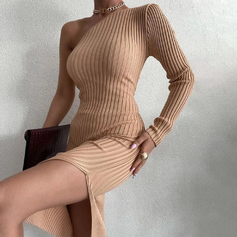 Sweater Solid Knitted Diagonal Split Elegant Midi Dresses