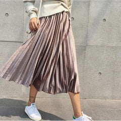 Metallic Silver Pleated High Waist Casual Party Skirt Midi Dresses