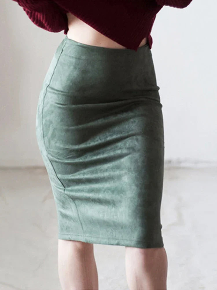 Spring Pink Gray Suede Midi Pencil Skirt