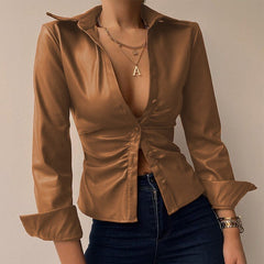 PU Leather Patchwork Blouse