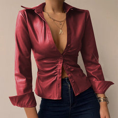 PU Leather Patchwork Blouse