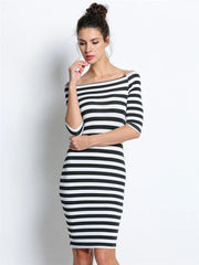 Spring Summer Woman Size Casual Stripe Off Shoulder Long Midi Dresses