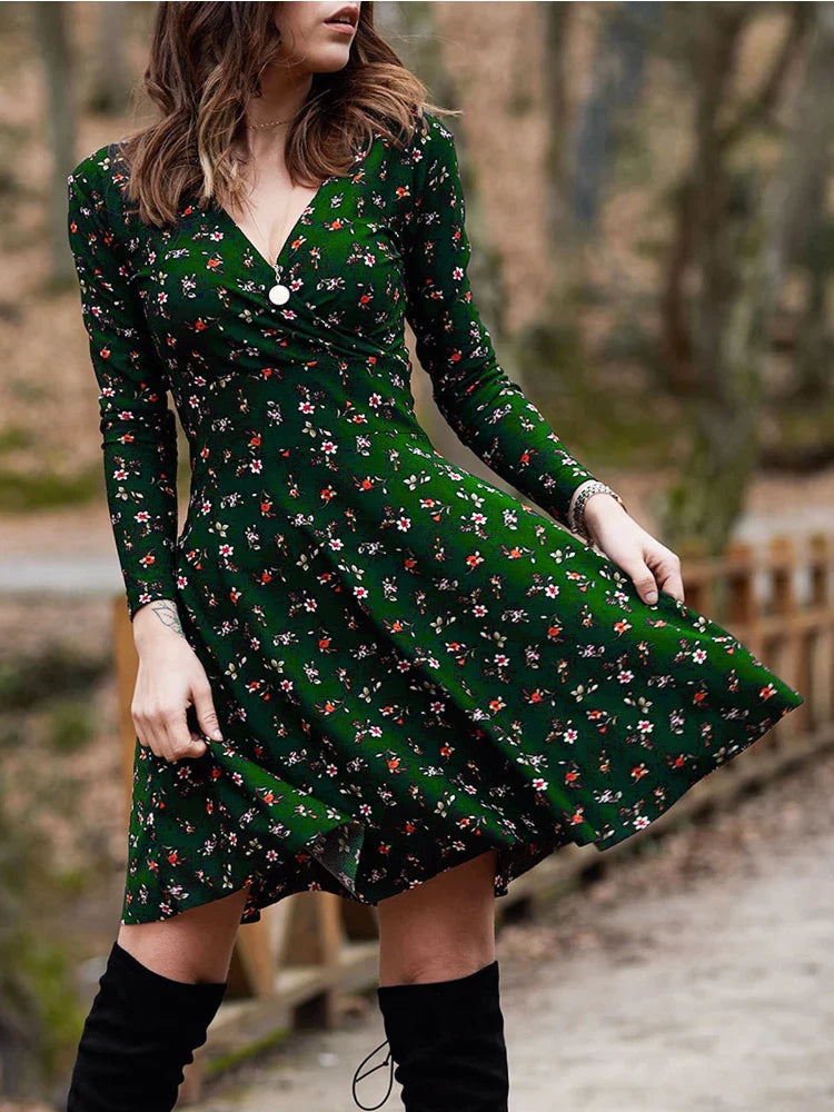 Vintage Floral Printed Green A-line Swing Boho Dress