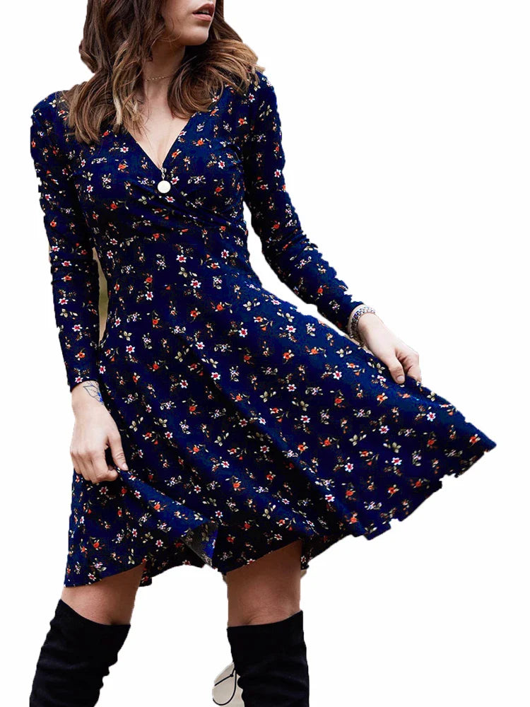 Vintage Floral Printed Green A-line Swing Boho Dress