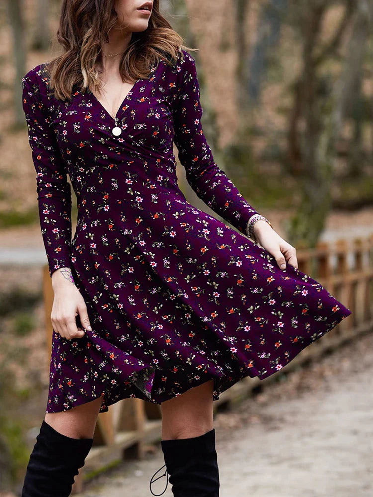 Vintage Floral Printed Green A-line Swing Boho Dress