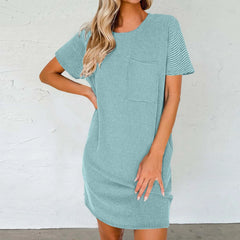 Spring Summer T Shirt Solid Color Round Neck Short Sleeved Casual Pocket Loose Striped Printed Dress