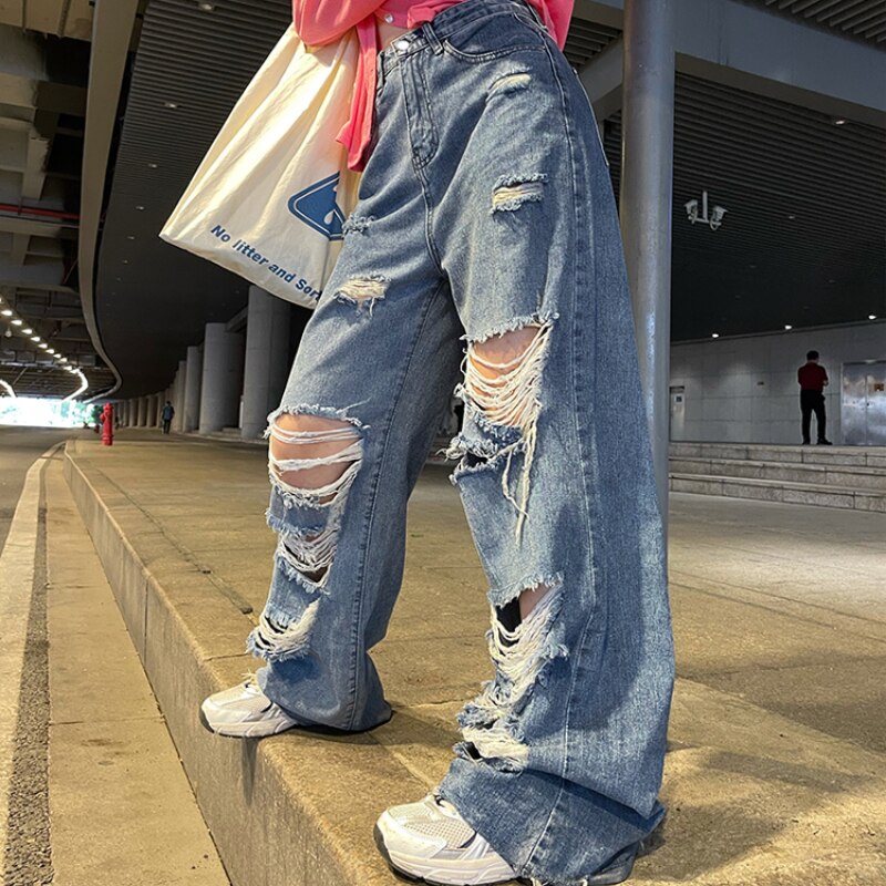 Women's Street Jeans Ripped Jeans High Waisted Baggy Jeans Wide Leg Jeans Y2K Hip Hop Pants