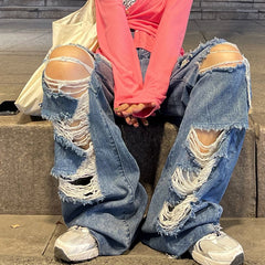 Women's Street Jeans Ripped Jeans High Waisted Baggy Jeans Wide Leg Jeans Y2K Hip Hop Pants