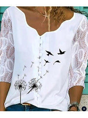 Lace three quarter sleeve printed turtleneck button solid blouses
