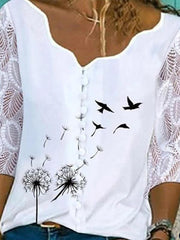 Lace three quarter sleeve printed turtleneck button solid blouses
