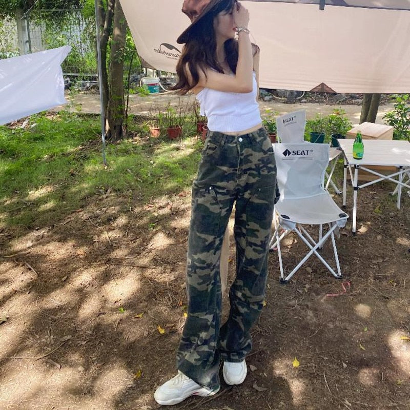 Streetwear Camouflage High Waist Cargo Pants Straight Jeans