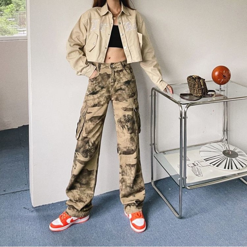 Streetwear Camouflage High Waist Cargo Pants Straight Jeans