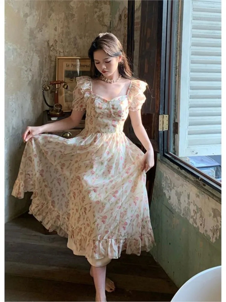 Short Sleeve Floral Print Holiday Korean Female Floral Dress