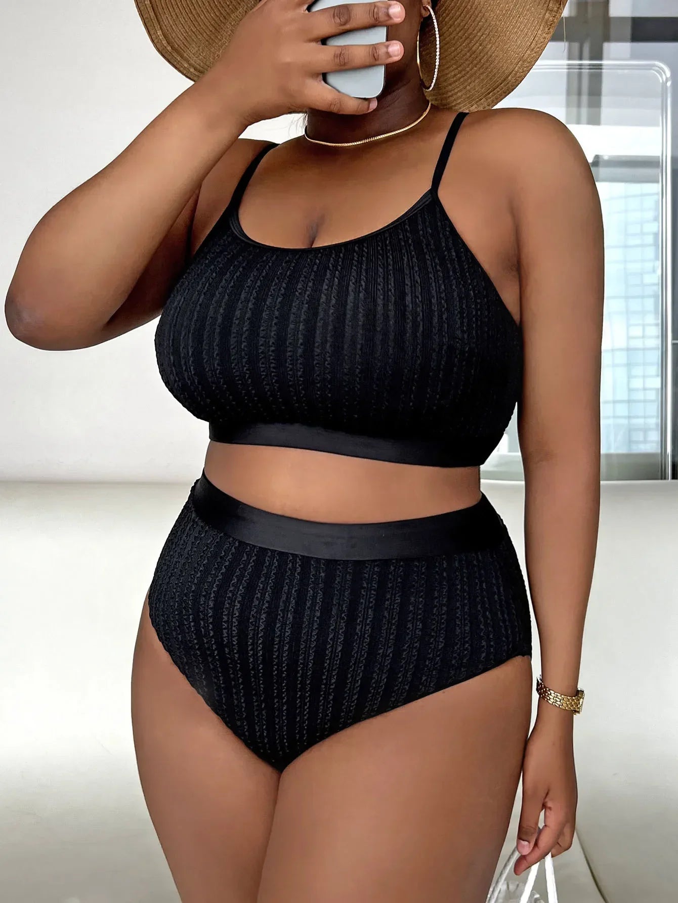 Solid Color Suspender Slimming Tankini Set Plus Size Swimsuit