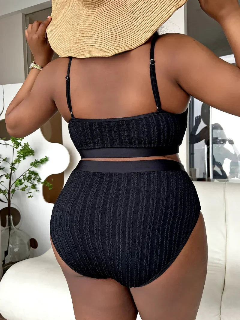 Solid Color Suspender Slimming Tankini Set Plus Size Swimsuit