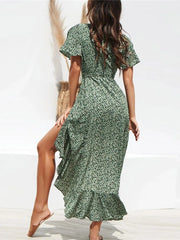 Beach Floral Boho Long Chiffon Ruffles V-Neck Party Robe Midi Dresses