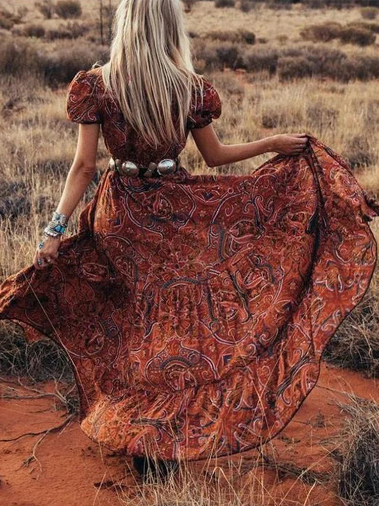 Elegant High-Waist Bohemian Floral Print Maxi Boho Dress