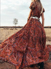 Elegant High-Waist Bohemian Floral Print Maxi Boho Dress