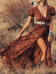 Elegant High-Waist Bohemian Floral Print Maxi Boho Dress