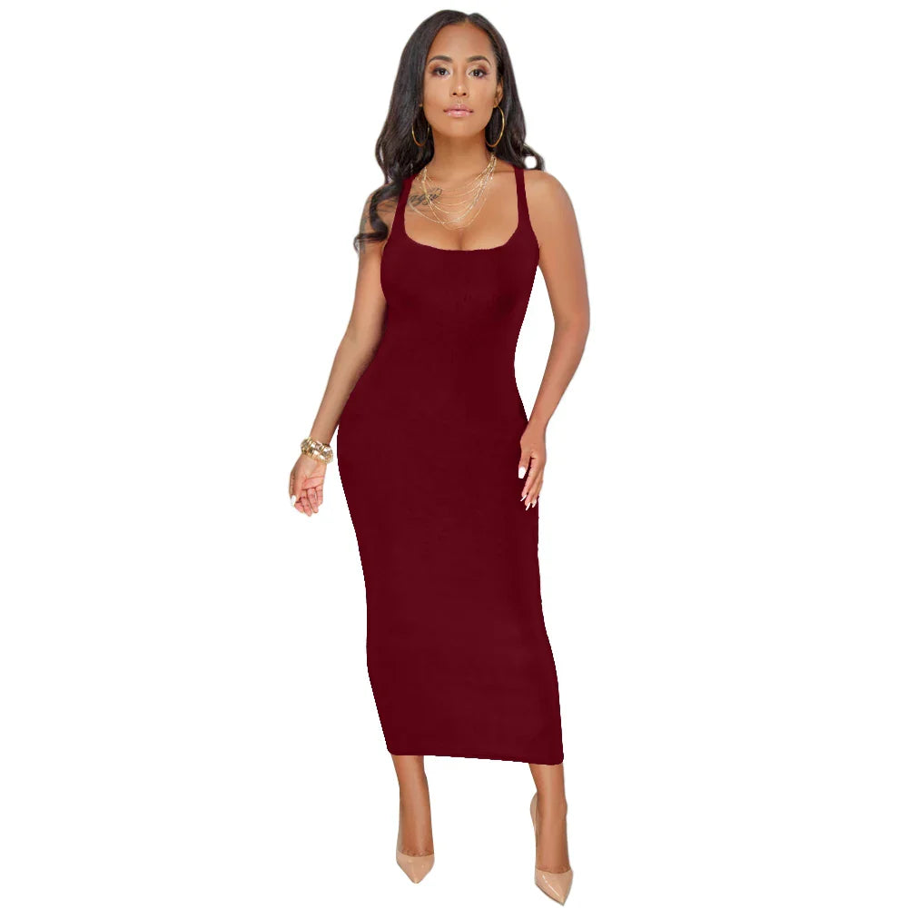 Summer Casual Square Neck Sleeveless Women's  Midi Dresses