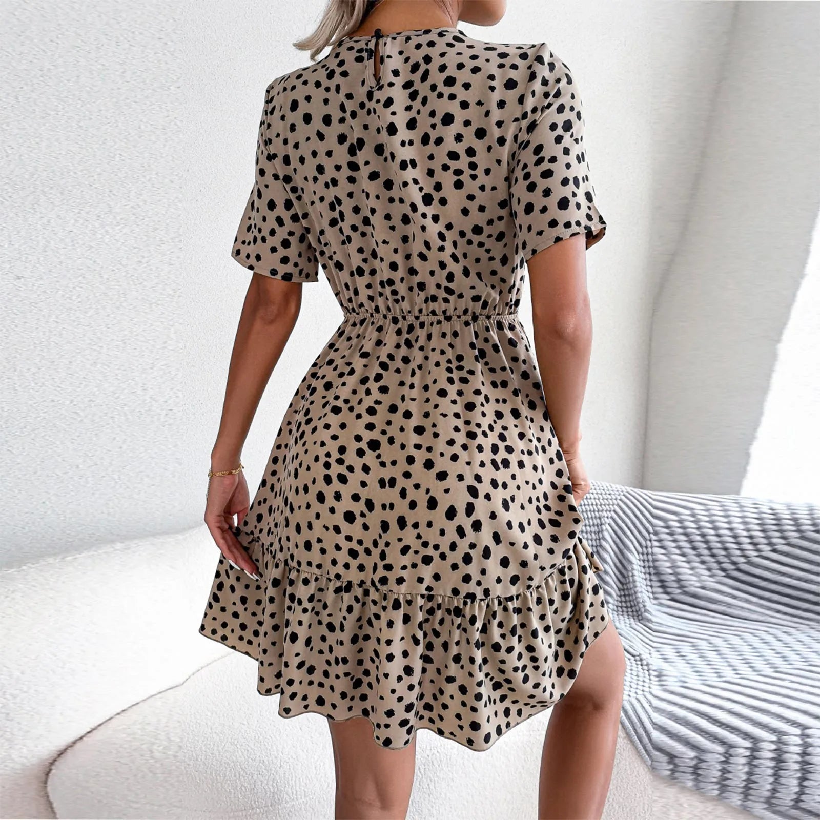 Casual Summer Flower Beach Polka Dot Waist Ruffle Swing Midi Dress