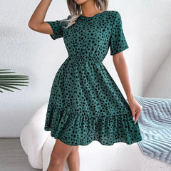 Casual Summer Flower Beach Polka Dot Waist Ruffle Swing Midi Dress