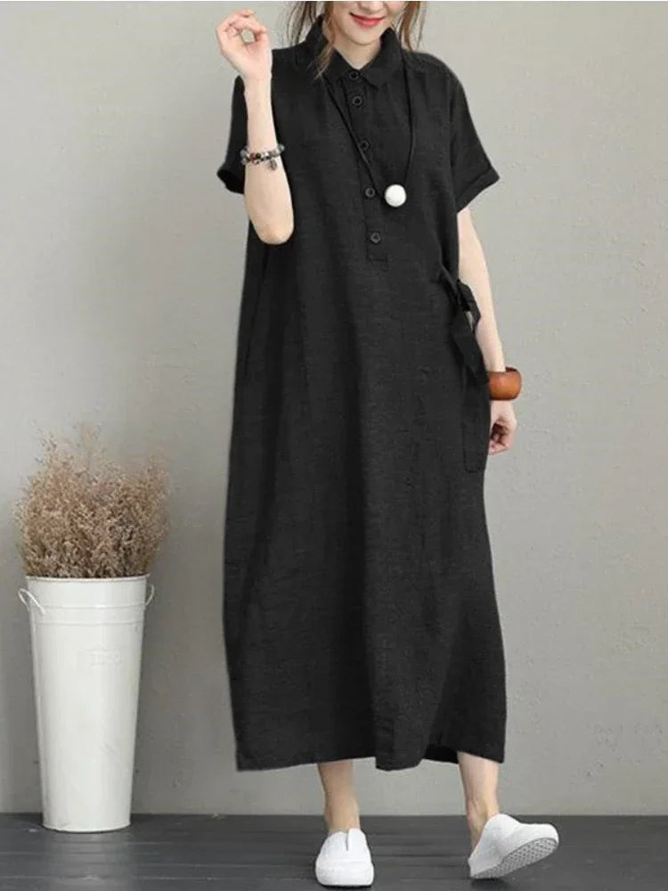 Summer Cotton Linen Vintage Casual Loose Mid-length Maxi Dress