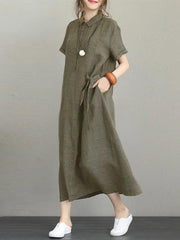 Summer Cotton Linen Vintage Casual Loose Mid-length Maxi Dress