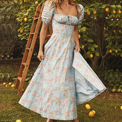 Summer Short Puff Sleeve Flroal Printed Party Dress