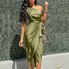 Green Asymmetrical One Shoulder Satin Ruched Midi Dress