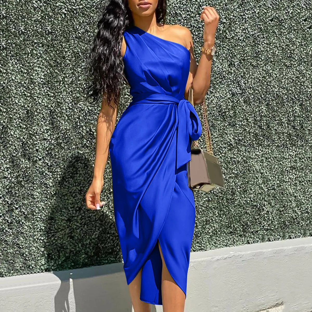 Green Asymmetrical One Shoulder Satin Ruched Midi Dress