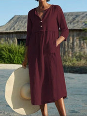 Solid Cotton Linen Half Sleeve 's Boho Dress