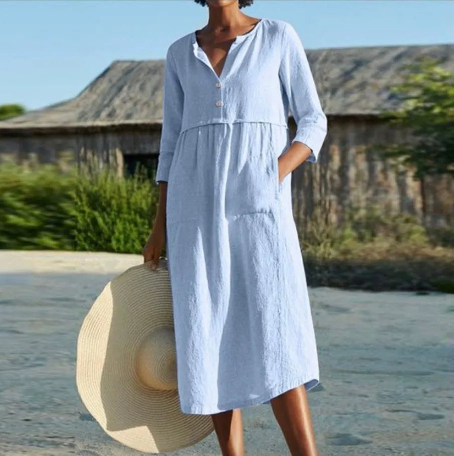 Solid Cotton Linen Half Sleeve 's Boho Dress