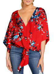 Summer Elegant Office Blouse Clothes V-neck 34 Sleeve Floral Print Streetwear Shirts