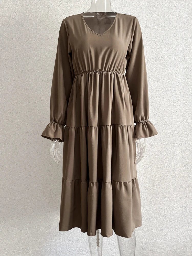 Casual and Comfortable V-Neck Solid Layered Chiffon Boho Dress