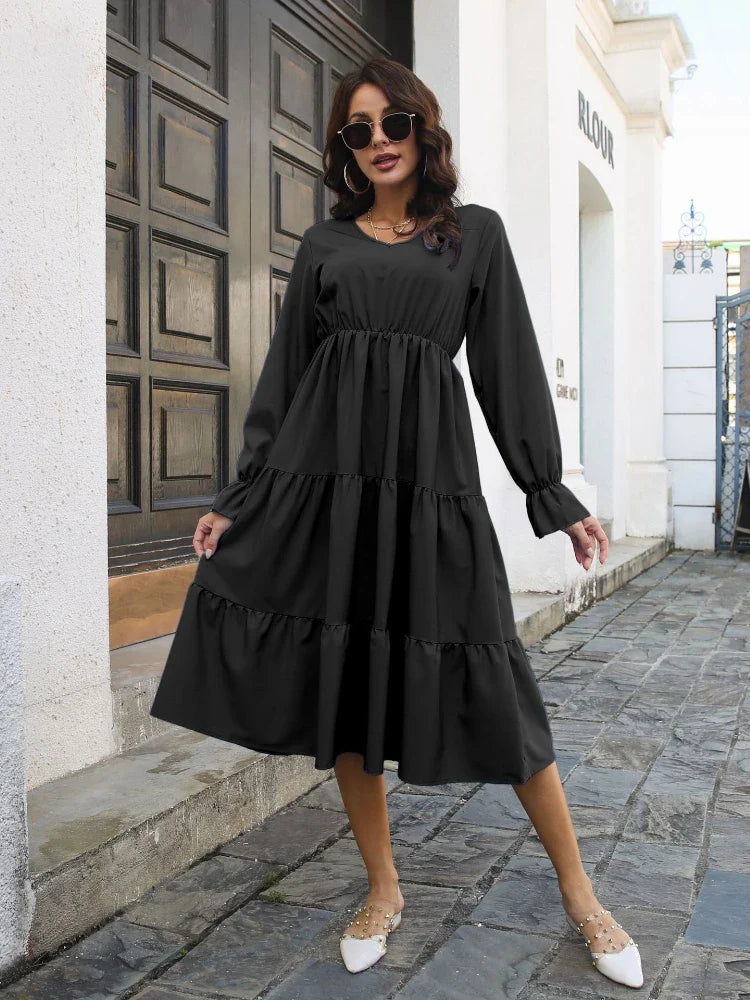 Casual and Comfortable V-Neck Solid Layered Chiffon Boho Dress