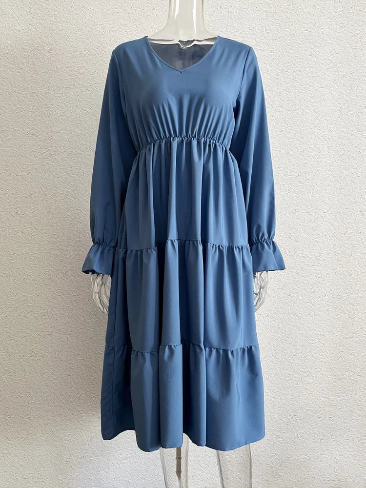 Casual and Comfortable V-Neck Solid Layered Chiffon Boho Dress