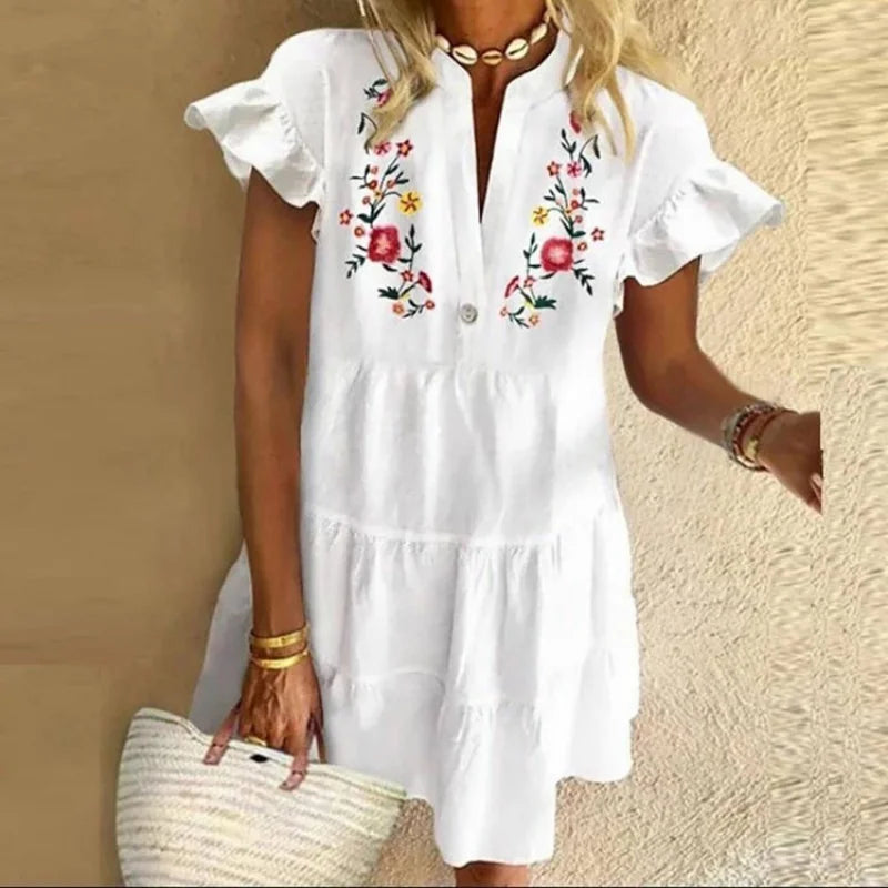 Beach V-neck Ruffle Floral Printed Short Boho Dress