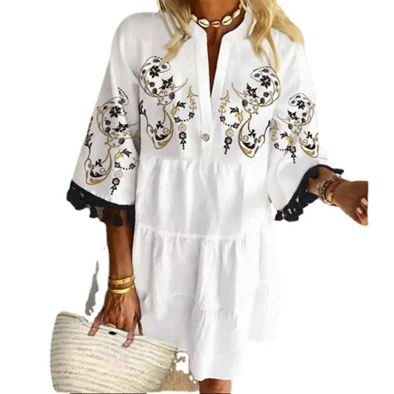 Beach V-neck Ruffle Floral Printed Short Boho Dress