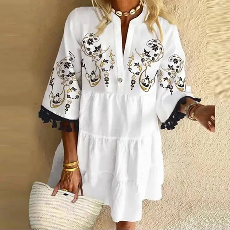 Beach V-neck Ruffle Floral Printed Short Boho Dress