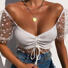 Polka Dot Mesh Puff Sleeve Top