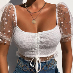 Polka Dot Mesh Puff Sleeve Top