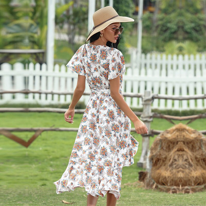 Deep V Neck Bandage Floral Dress