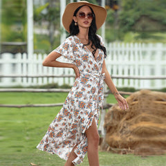 Deep V Neck Bandage Floral Dress