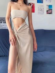 Summer Sleeveless Slit Hollow Skinny Elegant Long Midi Dresses